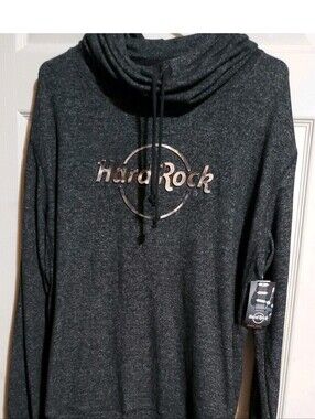 Hard Rock Cafe Charcoal Cowl Neck Hoodie Sweater with Metallic Logo XL